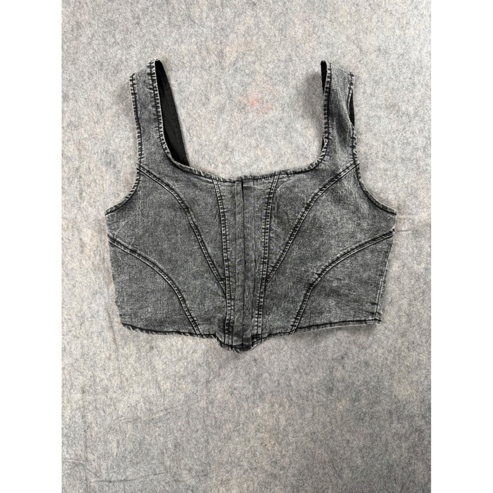 Blashe Denim Corset Top Womens L Grey Cotton Y2K Acid Wash Crop Bustier Boho